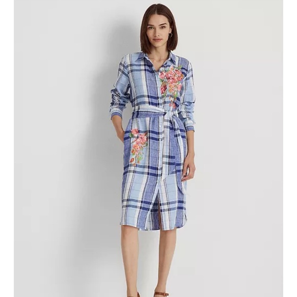 Lauren Ralph Lauren Dresses & Skirts - New LAUREN RALPH LAUREN Blue White Plaid Floral Linen Long Sleeve Dress